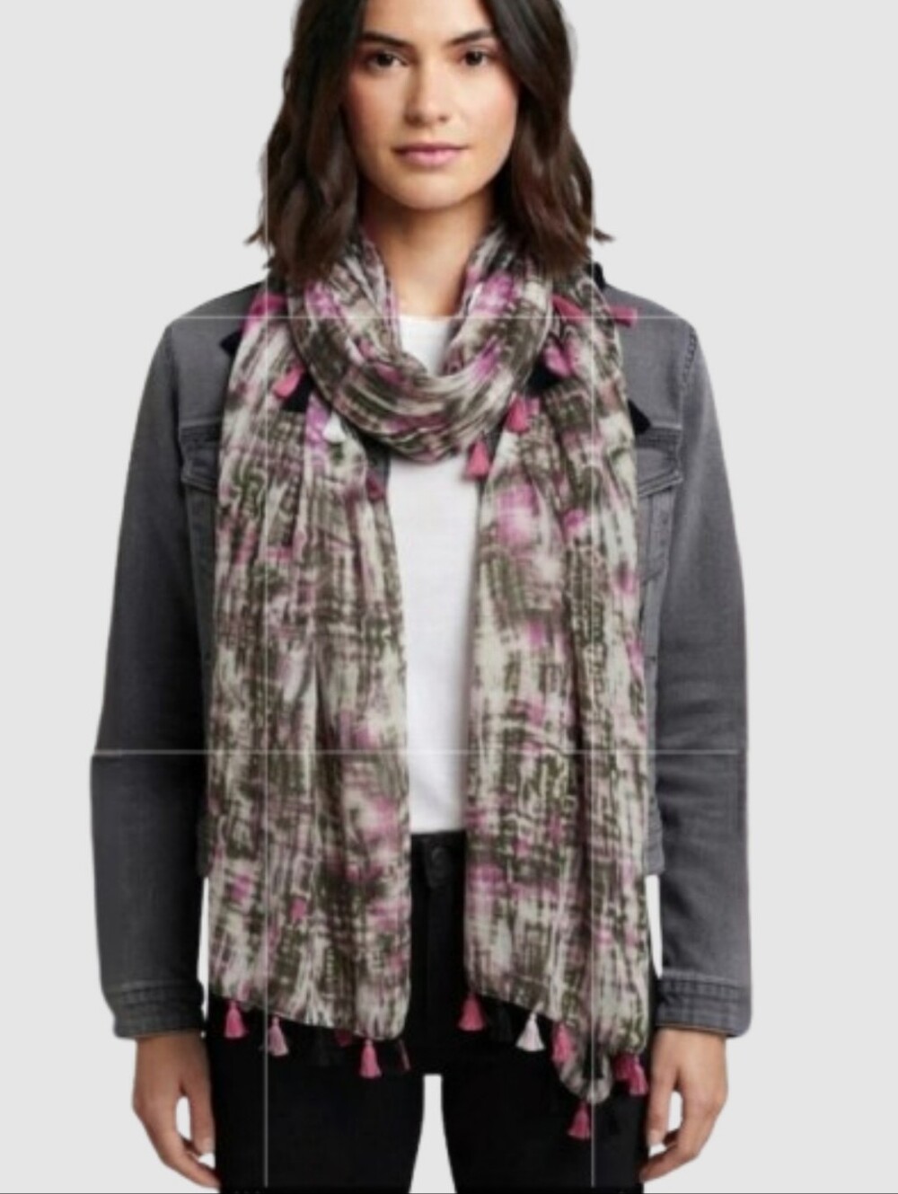 Abstract Print Tasseled Scarf Pink Black White Lightweight 28" x 72"